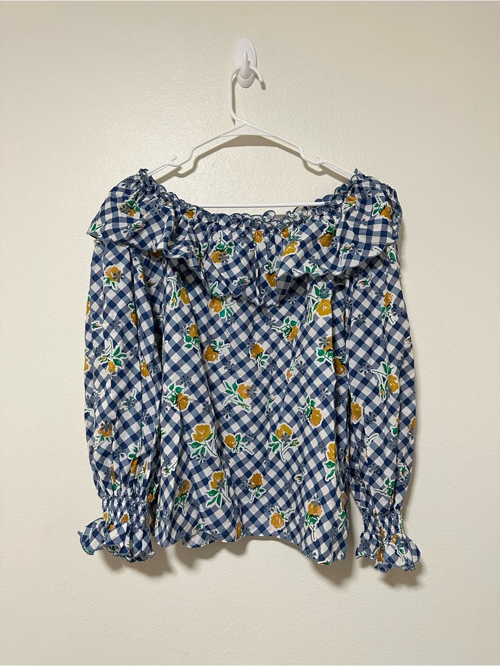 Rixo London Birdie Top Blue Gingham Off-Shoulder Floral Blouse - Picture 2 of 5